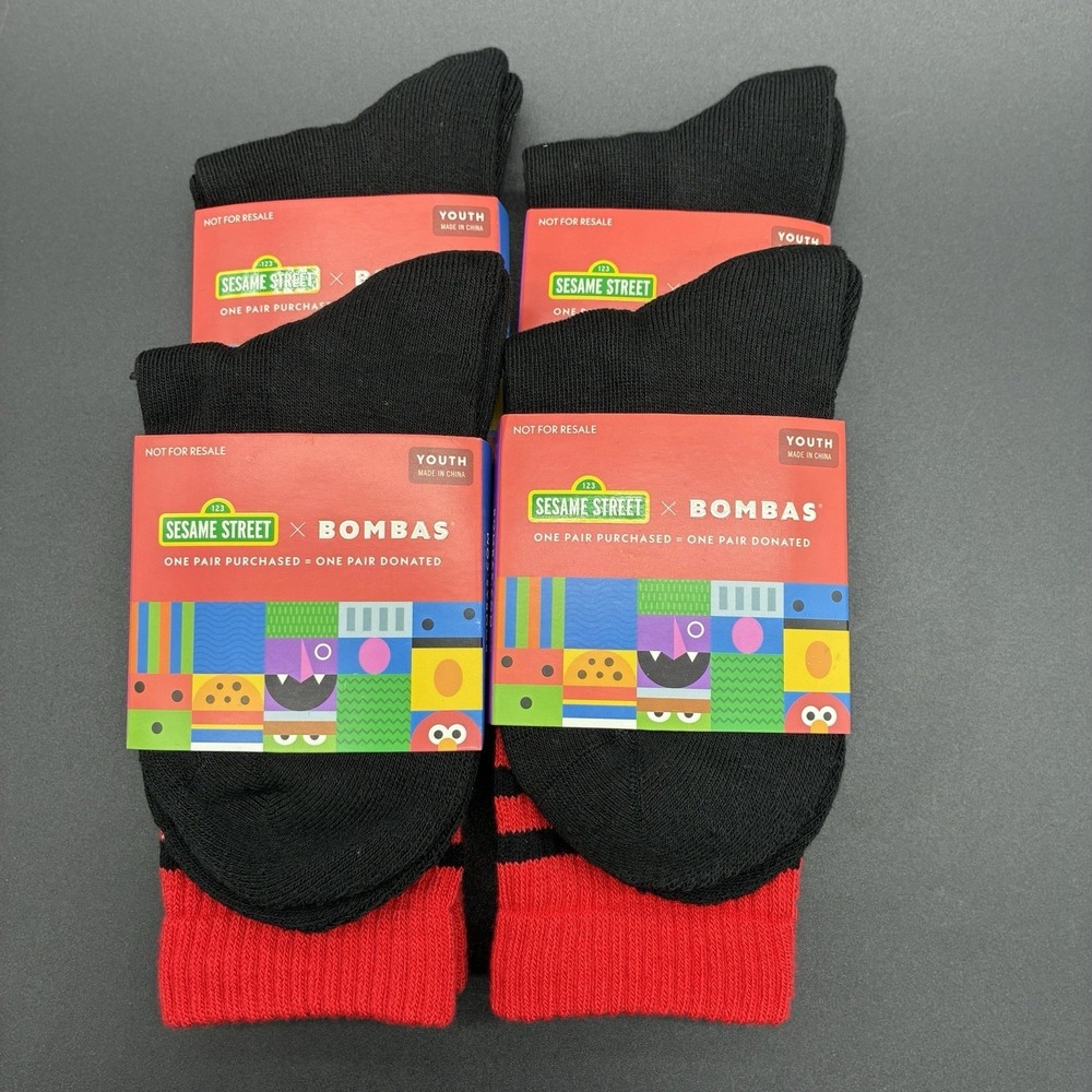 Bombas x Sesame Street Elmo Youth Crew Socks Lot of 4 Pairs Black Red NWT